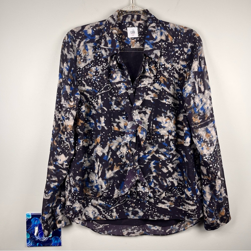 CAbi #3066 Starry Night Ruffle Button Front Blouse Medium Blue Career Fall